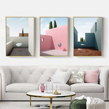 Load image into Gallery viewer, Nordic Minimalist Abstract Cartoon Pink House Building Canvas Painting Swimming Pool Poster Wall Pictures Living Room Decoration
