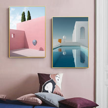 Load image into Gallery viewer, Nordic Minimalist Abstract Cartoon Pink House Building Canvas Painting Swimming Pool Poster Wall Pictures Living Room Decoration