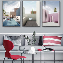 Load image into Gallery viewer, Nordic Minimalist Abstract Cartoon Pink House Building Canvas Painting Swimming Pool Poster Wall Pictures Living Room Decoration