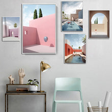 Load image into Gallery viewer, Nordic Minimalist Abstract Cartoon Pink House Building Canvas Painting Swimming Pool Poster Wall Pictures Living Room Decoration