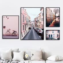 Load image into Gallery viewer, Pink City Street Tree House Bike Quote Wall Art Canvas Painting Nordic Posters And Prints Wall Pictures For Living Room Decor