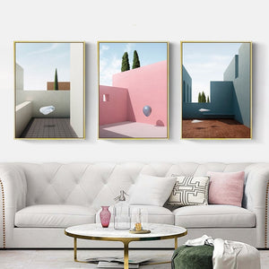 Nordic Minimalist Abstract Cartoon Pink House Building Canvas Painting Swimming Pool Poster Wall Pictures Living Room Decoration