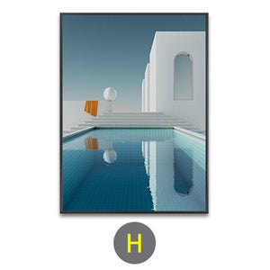 Nordic Minimalist Abstract Cartoon Pink House Building Canvas Painting Swimming Pool Poster Wall Pictures Living Room Decoration
