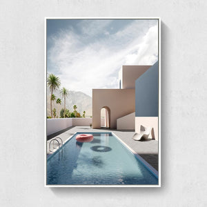 Nordic Minimalist Abstract Cartoon Pink House Building Canvas Painting Swimming Pool Poster Wall Pictures Living Room Decoration