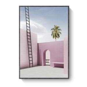 Nordic Minimalist Abstract Cartoon Pink House Building Canvas Painting Swimming Pool Poster Wall Pictures Living Room Decoration