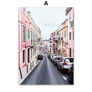 Pink City Street Tree House Bike Quote Wall Art Canvas Painting Nordic Posters And Prints Wall Pictures For Living Room Decor